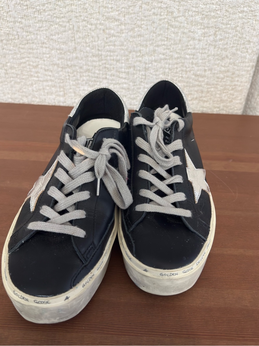 Golden Goose Black Leather Platform Sneakers with Silver Star and Gray Laces - Picture 2 of 5